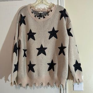Entro Distressed Trim Woman’s Sweater Tan with Black Stars Large